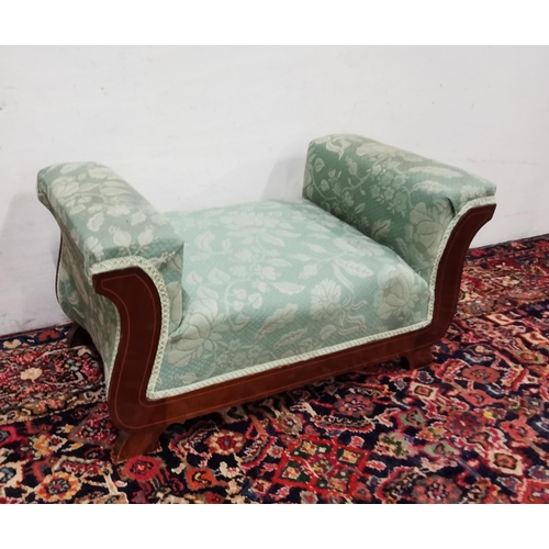 45 - Low Inlaid lyre-shaped Mahogany Footstool, upholstered in green fabric, c.1920's, 36cmH x 66cmW