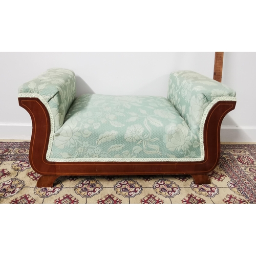 45 - Low Inlaid lyre-shaped Mahogany Footstool, upholstered in green fabric, c.1920's, 36cmH x 66cmW