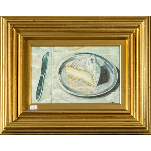 46 - Contemporary Oil  Brie Slice, plated - (initialled), in a boxed gold frame (65cm x 80cm full size)