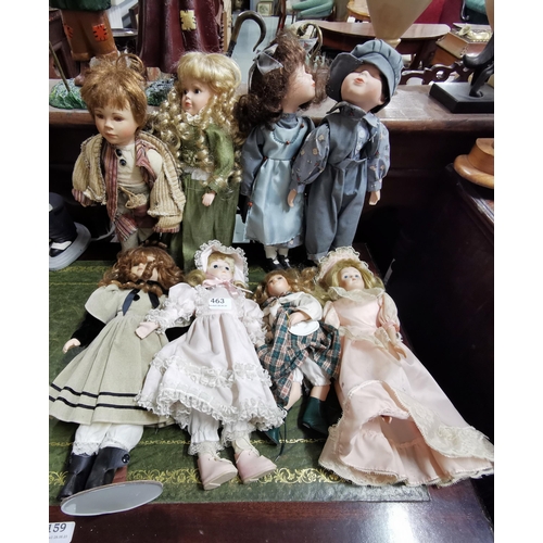 463 - 8 Porcelain Dolls, various colourful dresses (incl. 1 his and hers)