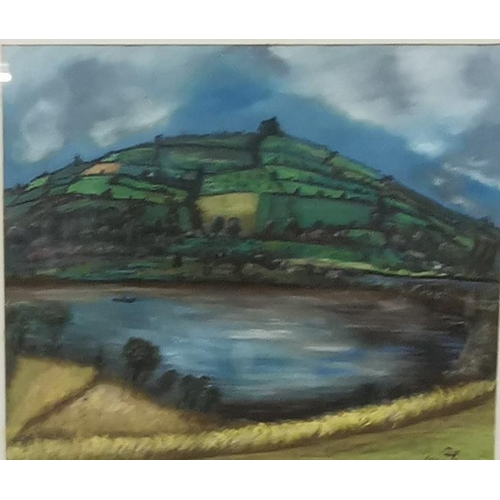 48 - Oil, River landscape with hills, dated 1965, mounted, in a white frame (Dublin framer), 61 x 67cm