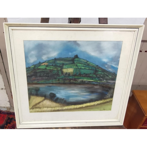 48 - Oil, River landscape with hills, dated 1965, mounted, in a white frame (Dublin framer), 61 x 67cm