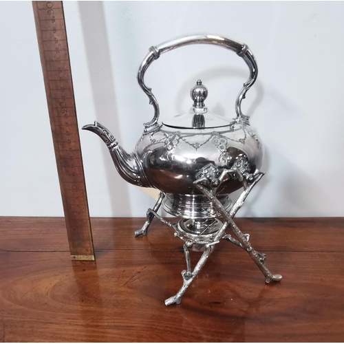 480 - Silver-plated Spirit Kettle, on a tree branch design stand with burner, by Silversmiths, James Dixon... 