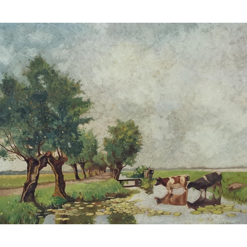 51 - H Lv Doorn, Oil on Board - Cattle and Stream, in a contemporary gold frame 51 x 60cm