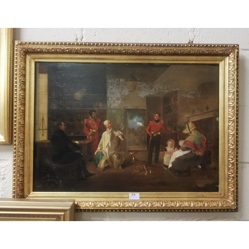 54 - E. MULLER, INTERIOR SCENE - Military Discussions - oil on wood panel, signed lower right (some paint... 