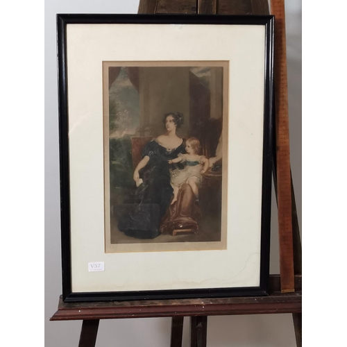 56 - Print - Regency Portrait of a Mother & Child, signed E. Jowett (stamped), black frame, 66.5cm x 50cm