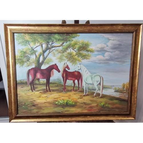 58 - Large Oil on Print Canvas - 3 Horses (2 bays, 1 white), in a gold colour frame, Size