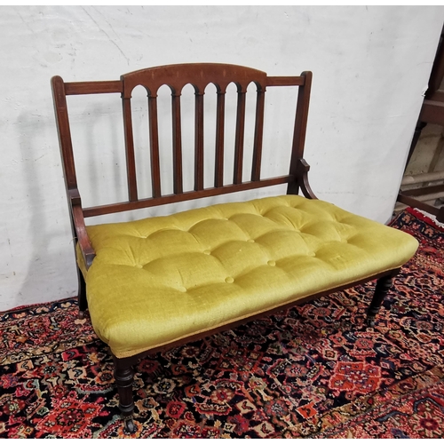 6 - Low sized Inlaid Mahogany 2-seater window Settee, dark yellow velour buttoned seat, 85cmW x 75cmH