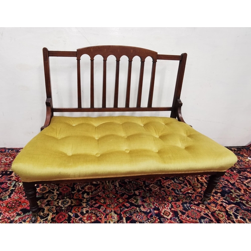 6 - Low sized Inlaid Mahogany 2-seater window Settee, dark yellow velour buttoned seat, 85cmW x 75cmH