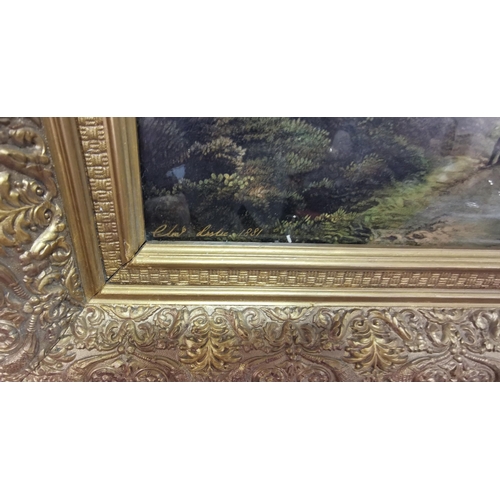 61 - LESLIE (dated 1881), Landscape with windmill, in a decorative gesso gold frame, 55.5cm x 87cm (possi... 