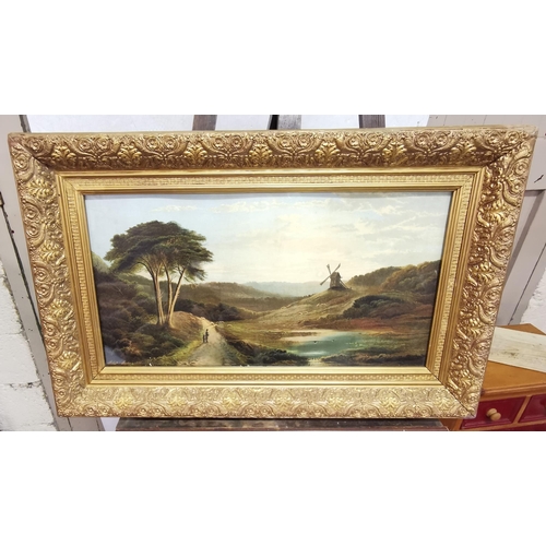 61 - LESLIE (dated 1881), Landscape with windmill, in a decorative gesso gold frame, 55.5cm x 87cm (possi... 