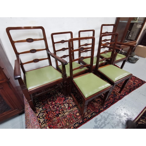 7 - Set of 6 Edw Mahogany Ladder Back Dining Chairs (4 & 2 carvers), green leather covered seats, maker ... 