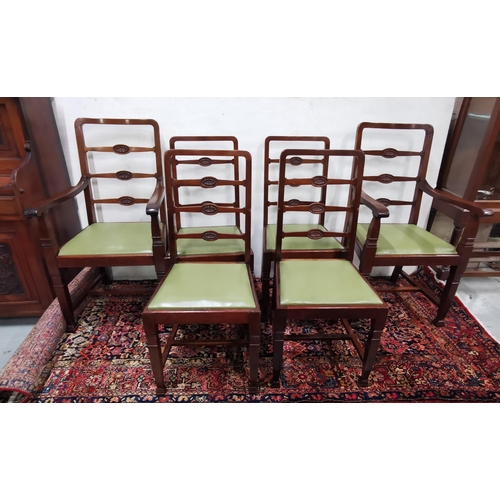 7 - Set of 6 Edw Mahogany Ladder Back Dining Chairs (4 & 2 carvers), green leather covered seats, maker ... 