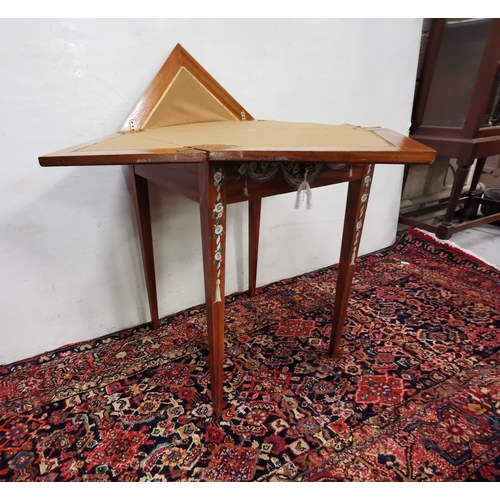 75 - Envelope Card Table, hand painted with floral swags, brown baize interior, on tapered legs, 55 squa... 