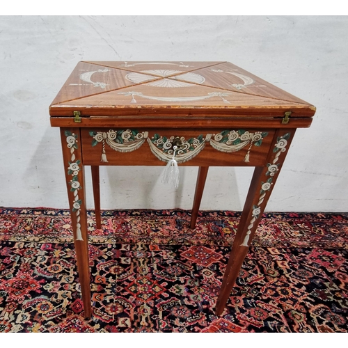 75 - Envelope Card Table, hand painted with floral swags, brown baize interior, on tapered legs, 55 squa... 