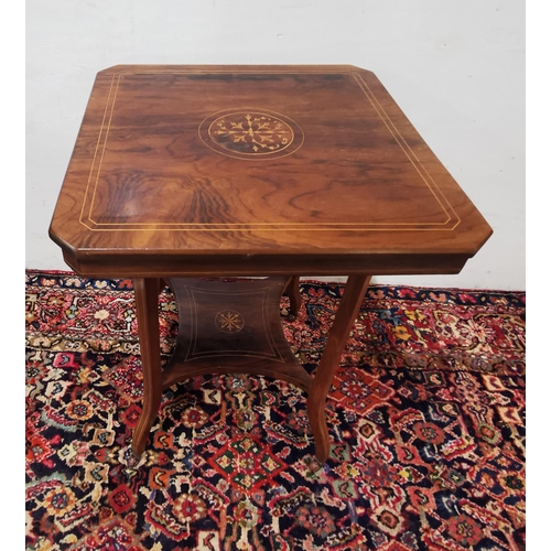 77 - Inlaid Rosewood Occasional Table, with a square shaped top and stretcher shelf, (damage to the table... 