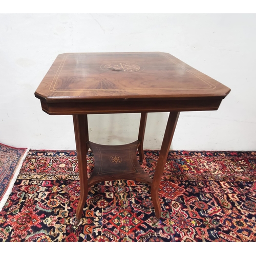 77 - Inlaid Rosewood Occasional Table, with a square shaped top and stretcher shelf, (damage to the table... 