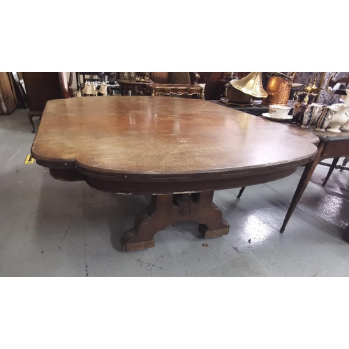 80 - Very large Gothic Oak Design Dining Table, with shaped ends, on two wide legs, with an additional 3 ... 