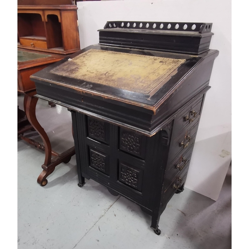 84 - Edw. Ebonised Davenport with drawers on one side, (worn finish), good birds eye maple interior, 92cm... 