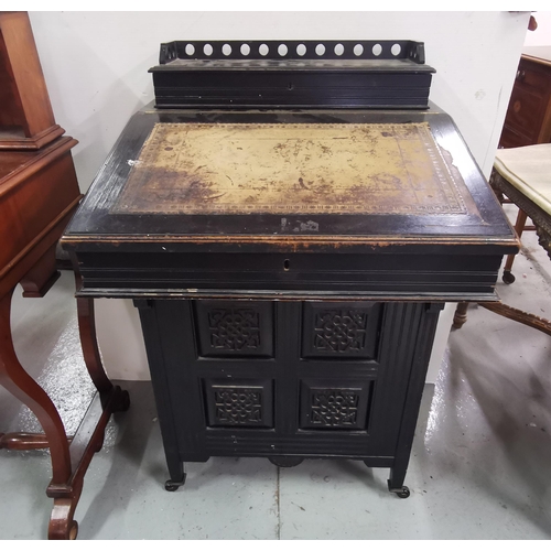 84 - Edw. Ebonised Davenport with drawers on one side, (worn finish), good birds eye maple interior, 92cm... 