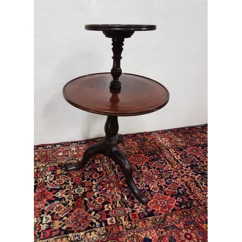 87 - 2-Tier circular Mahogany Dumbwaiter on a tripod base, with pad feet, 100cmH x 58cm dia