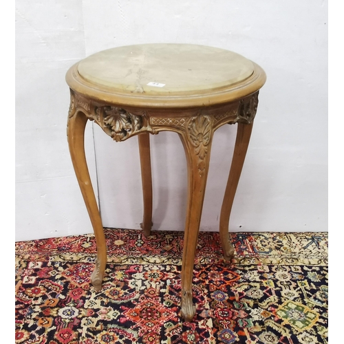 89 - Circular Occasional carved red beech Table, on cabriole legs, the top inset with dark beige marble, ... 