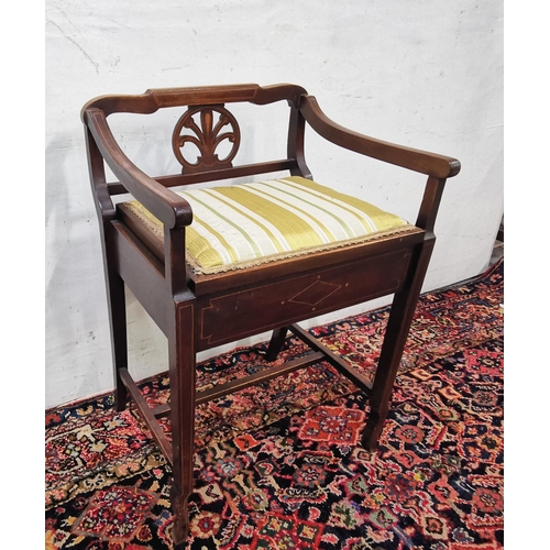 9 - Edw Inlaid Mahogany Framed Piano Stool, with a padded hinged lid (yellow fabric), on tapered legs