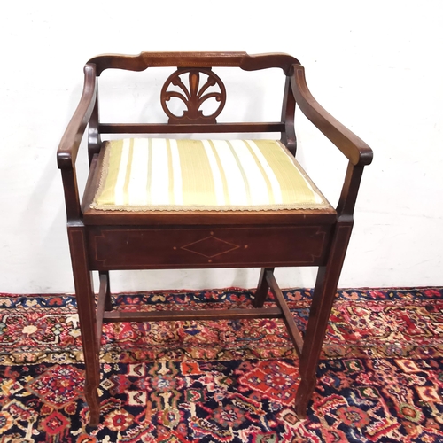 9 - Edw Inlaid Mahogany Framed Piano Stool, with a padded hinged lid (yellow fabric), on tapered legs