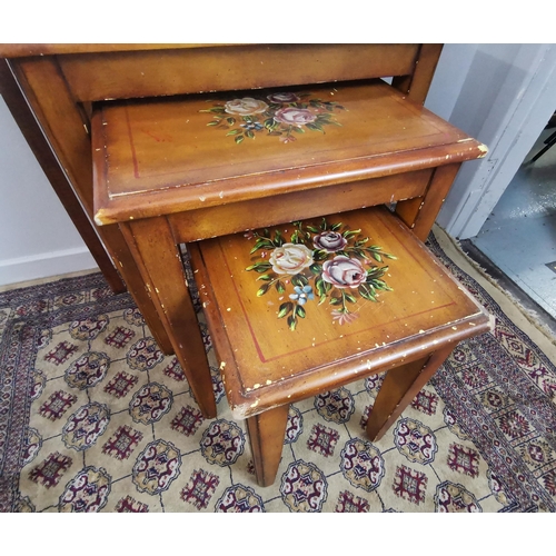 93 - Nest of 3 modern tables, floral decoration, tapered legs (yellow paint damage), 60cm widest