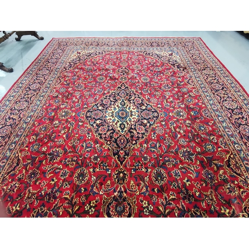 412 - Large fine woven Persian Floor Rug, red ground central field, multiple borders, hues of blues and cr... 