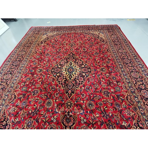 412 - Large fine woven Persian Floor Rug, red ground central field, multiple borders, hues of blues and cr... 