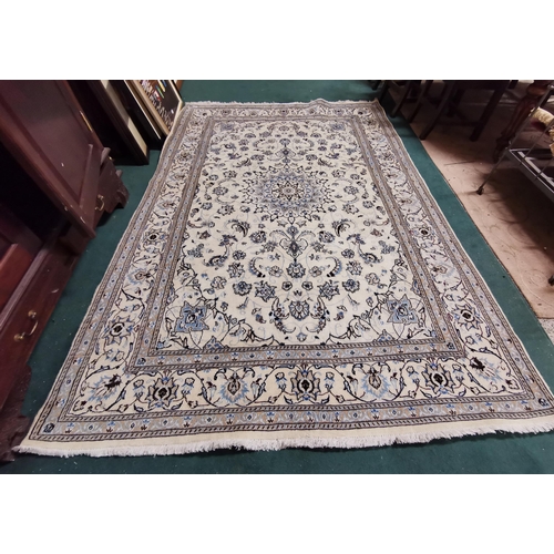 422 - Beautiful Persian Wool Floor Rug, cream ground with light blue and brown designs, size 2.9m x 1.96m