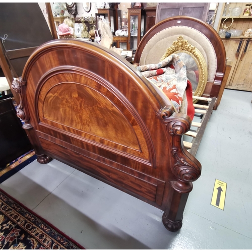 387 - WMIV Mahogany Bed Frame, with carved and dome-shaped head & base boards, both padded with light brow... 