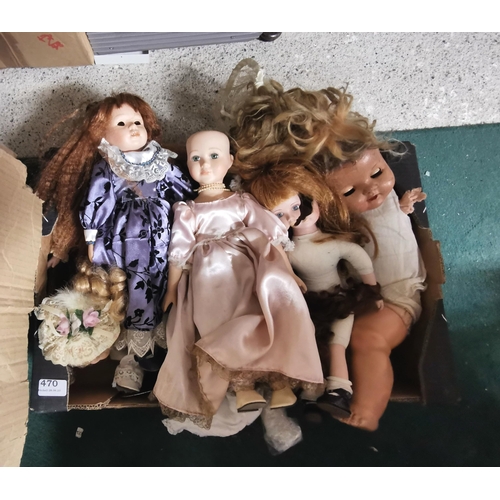 470 - Box of Dolls Clothes, wigs etc & a box of broken dolls for parts