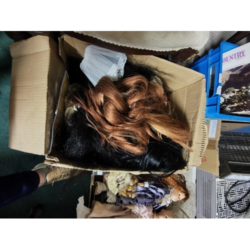 470 - Box of Dolls Clothes, wigs etc & a box of broken dolls for parts