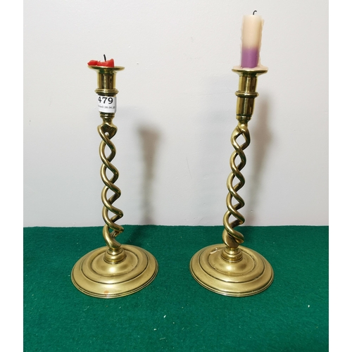 479 - Similar Pair of Tall Barley Twist Candlesticks, about 34cmH (1 slightly taller)