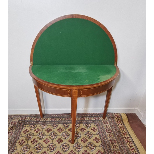 69 - Demi-Lune Inlaid Mahogany Fold-over Card Table with green baize covered interior, on tapered legs, 9... 