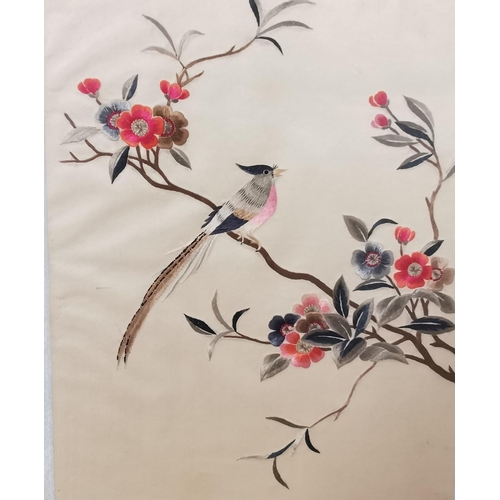 214 - Pair Japanese Silk embroidered Pictures - birds perched on colourful blossom trees, in bamboo design... 