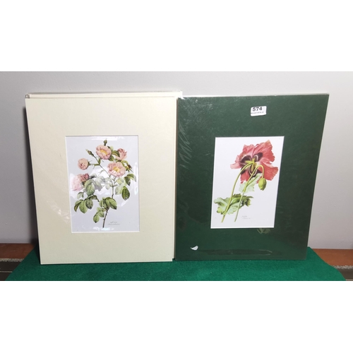 574 - 7 x modern floral prints (unframed), (5 in cream mounts, 2 in green mounts), all 46.5cm x 38.5cm