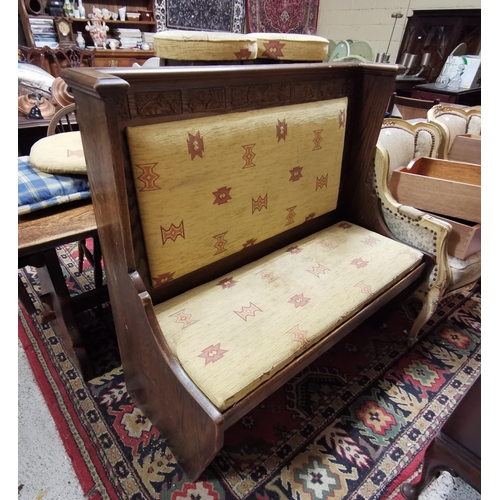 581 - Vintage Oak Bench, the high back carved with floral detail, loose padded seat (yellow fabric), 1.2mW... 