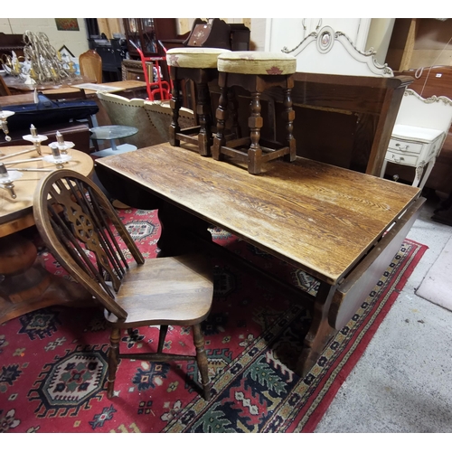 582 - Vintage Oak Kitchen Table, with drop end leaves (worn finish) & a wheelback kitchen chair (2) (match... 