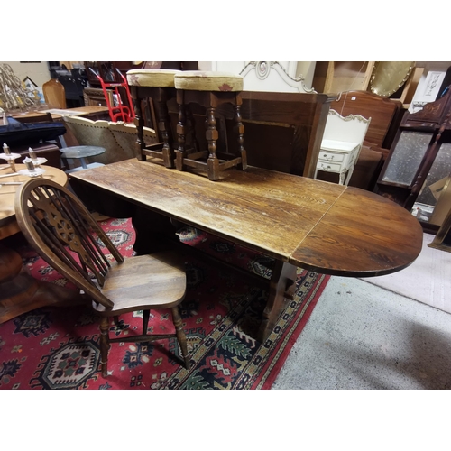 582 - Vintage Oak Kitchen Table, with drop end leaves (worn finish) & a wheelback kitchen chair (2) (match... 