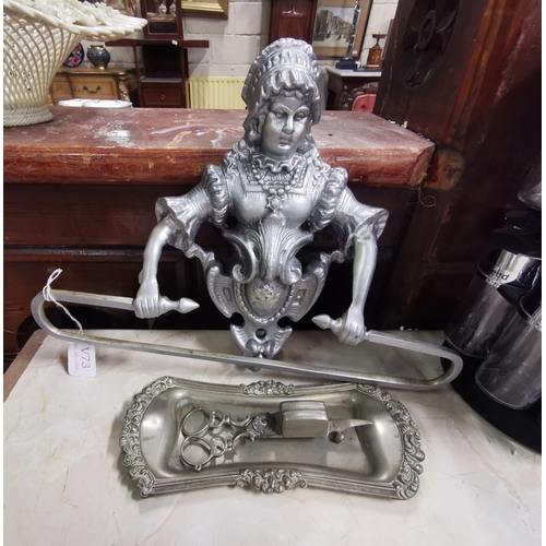 588 - Metal Towel Rail (painted grey) - mounted with figure of a woman and a  plated candle snuffer and pe... 