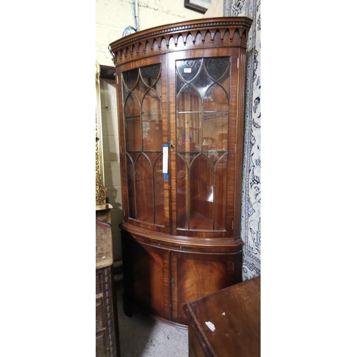 595 - Reproduction mahogany Corner Cabinet, 2 glass doors above a 2 door cabinet, 190cmH x 85cmW