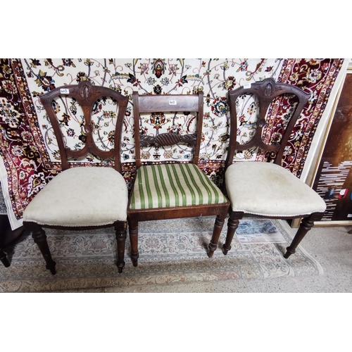 603 - Pair of Victorian Walnut Dining Chairs & a single Regency style Dining Chair (green striped seat) (3... 