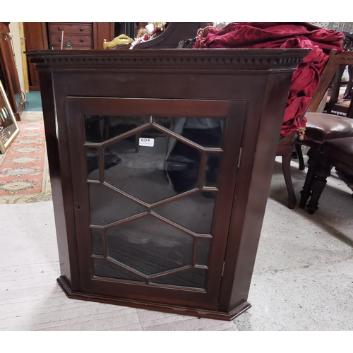 604 - Mid-20thC corner hanging wall cabinet, with a single astragal glazed door, curved shelves inside, 80... 