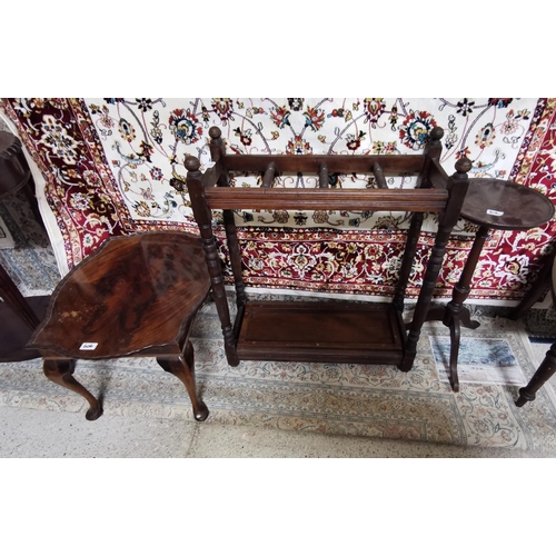 606 - Oak stick stand (4 compartments), wine table & a low coffee table (all 1950's) (3)