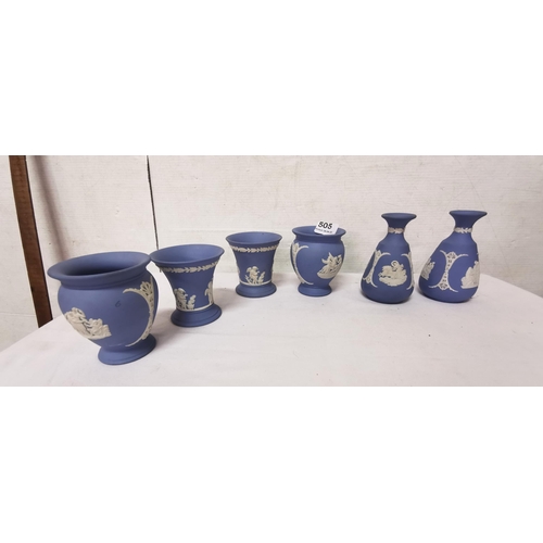 505 - 3 Pairs of blue Wedgewood Vases, low sized with classical decor (9cm to 14cm H)