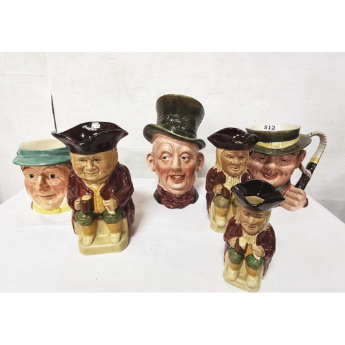 512 - 3 graduating Toby Jugs by Wood & Son, 2 Beswick Character Jugs & Pickwicks Mr Winkle (6)