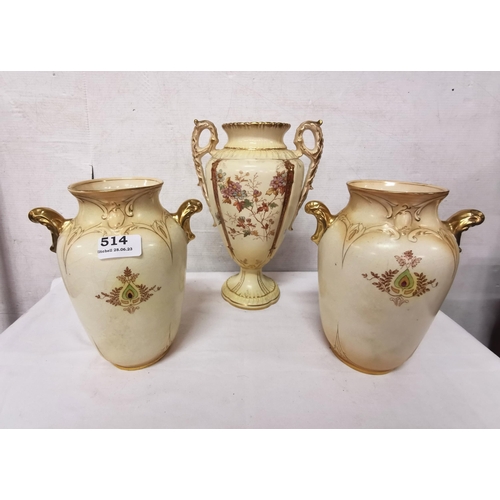 514 - Pair Crown Devon Vases & a similar tall 2-handled vase